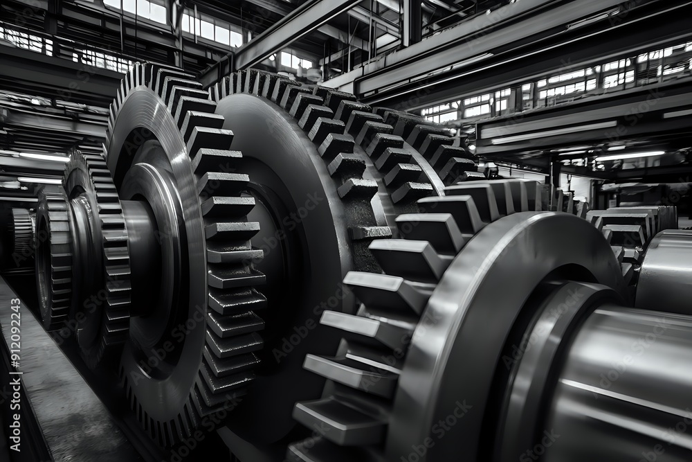 Poster industrial gears interlocking: a close-up view of machine parts in a factory setting