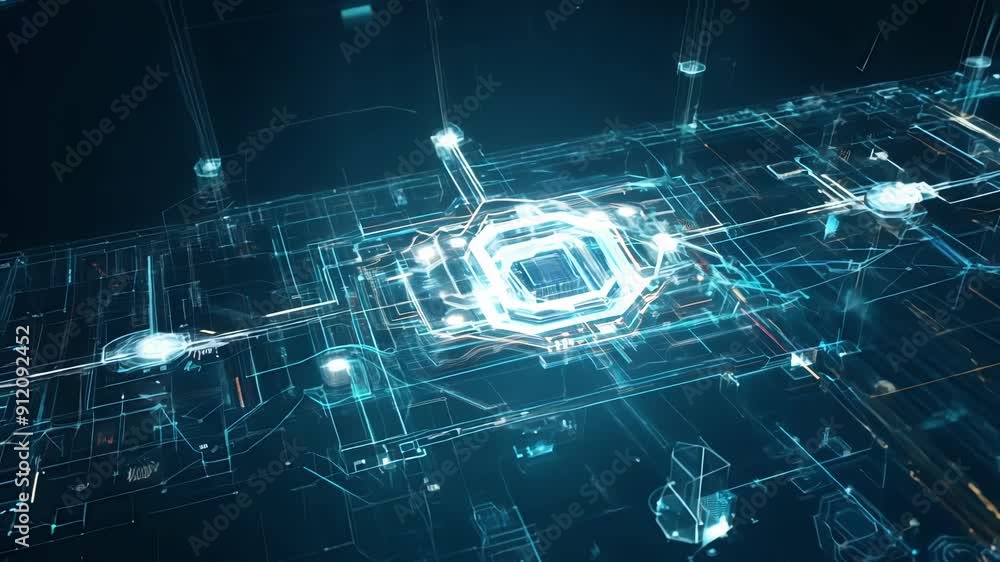 Poster an advanced circuit board design features glowing elements and intricate patterns, showcasing futuri