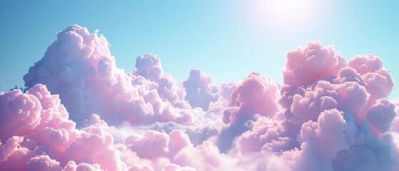 Fototapeta premium Beautiful sunrise over fluffy pink clouds against a bright blue sky, creating a dreamy and serene atmosphere.
