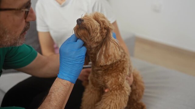 A middle aged hispanic man is cleaning a pet caniche dog&rsquo;s eyes while wearing blue gloves inside a living room apartment with a mature person assisting.