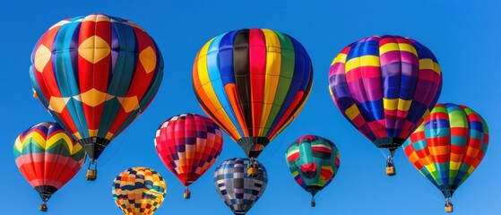Obraz premium Colorful hot air balloons floating in a clear blue sky, showcasing vibrant patterns and designs during a sunny day.