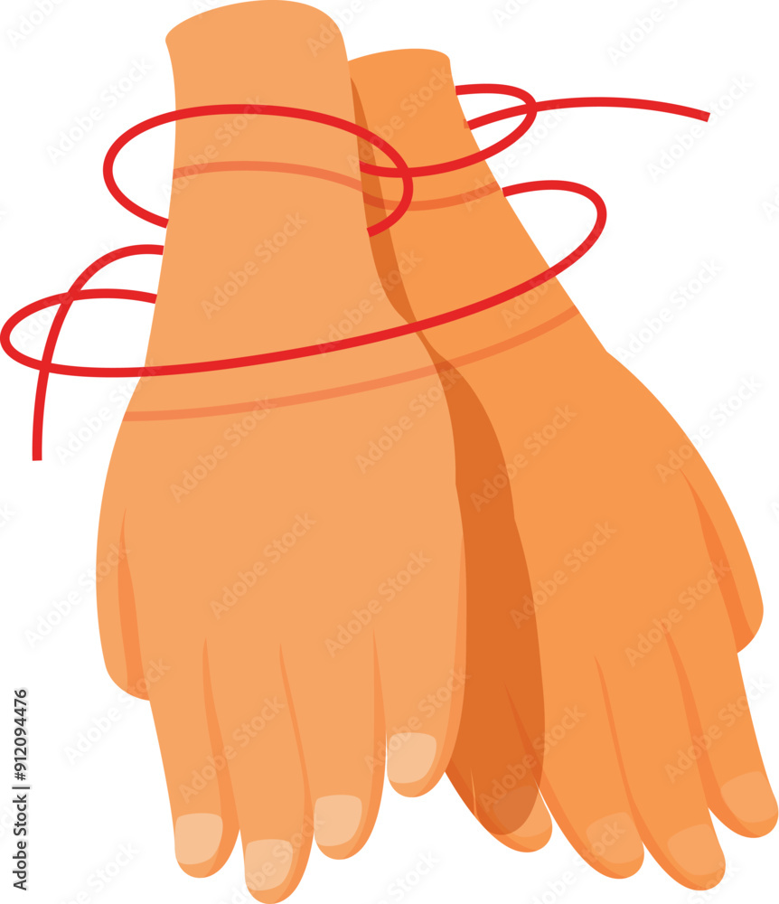 Poster two hands are tied together with red string, unable to separate, symbolizing cooperation and teamwor