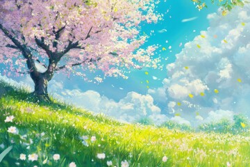 Obraz premium Blossom Bliss: A High-Definition Hand-Drawn Image of Tender Spring Breezes Sweeping Through Meadows, Capturing Seasonal Enchantment and the Warmth of Sunlight in Anime Style