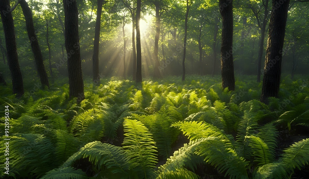 Poster sunlight filtering through trees in a lush green forest, with ferns in the foreground