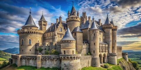 Fototapeta premium Majestic stone fortress with towering turrets and intricate stonework , heritage, castle, fantasy,high-definition