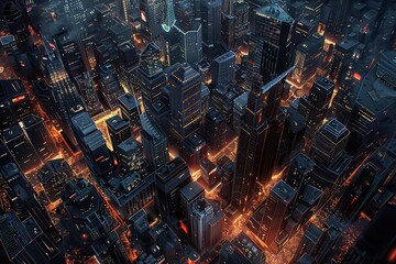 Aerial view of a vibrant cityscape at night with illuminated skyscrapers and busy streets, showcasing urban life and architecture.