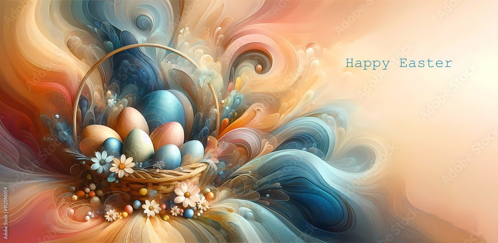 Wall mural Abstract background. A splash of colors. basket with eggs and abstract paints. Inscription Happy Easter. Banner. Generated AI