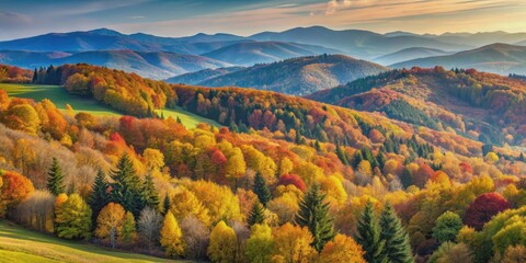Colorful autumn scenery of Bieszczady Mountains in Poland, autumn, landscape, mountains, Bieszczady, Carpathians, Poland, colorful © prachaya