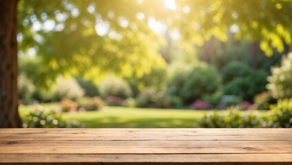 Tranquil garden setting and sunny background and wooden table with product display template.