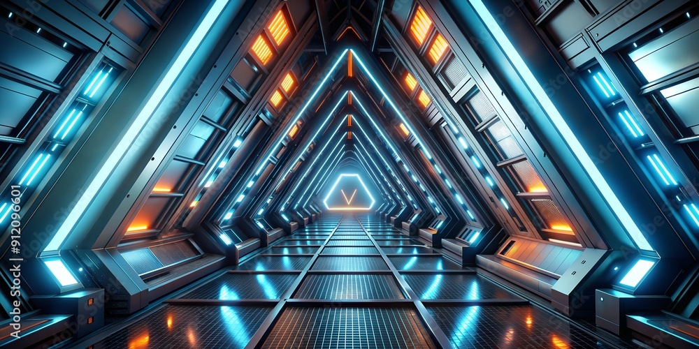 Poster abstract dark corridor in a futuristic triangular spacecraft