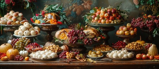 Fototapeta premium Abundant Feast with Roasted Turkey and Fruits