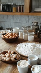 Fototapeta premium A cozy kitchen scene featuring various baking ingredients, including eggs, flour, and sugar, perfect for culinary inspiration.