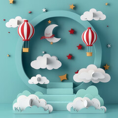 Colorful paper hot air balloons float in a whimsical sky with clouds and stars, creating a dreamy atmosphere for creativity.