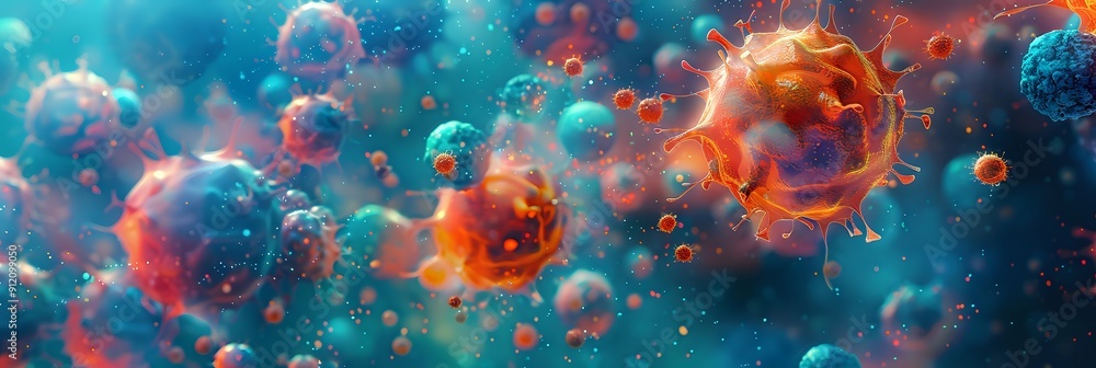 Poster microscopic view of viruses and cells in a colorful, abstract background