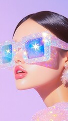 model wearing vitreous sunglasses with star and moon in the glass, fairy kei, use of precious materials, vibrant and lively hues, captivating, glitter 