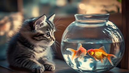 Curious Kitten Gazes at Two Goldfish Swimming in a Glass Bowl, Captivated by the Underwater World