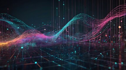Cyber Big Data Flow & Blockchain Data Fields: Network Line Stream, AI Technology, Digital Communication & Science Research - 3D Illustration of Music Waves