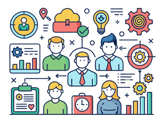 Teamwork Synergy in Action: A vibrant, line-art illustration depicting a cohesive team collaborating towards shared goals, surrounded by icons of strategy, innovation, and success.