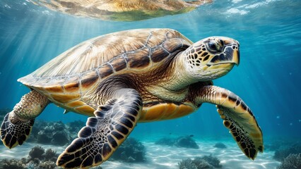 Fototapeta premium A turtle swimming gracefully underwater. The turtle is surrounded by numerous air bubbles, creating a serene and peaceful atmosphere. The water is clear and blue.
