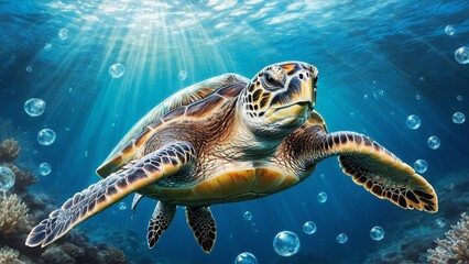 Fototapeta premium A turtle swimming gracefully underwater. The turtle is surrounded by numerous air bubbles, creating a serene and peaceful atmosphere. The water is clear and blue.