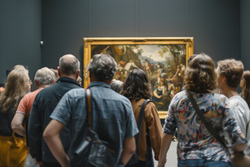Fototapeta premium people in a popular art museum, exploring and looking at timeless art in gold frame that is beautiful