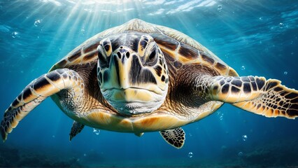 Fototapeta premium A turtle swimming gracefully underwater. The turtle is surrounded by numerous air bubbles, creating a serene and peaceful atmosphere. The water is clear and blue.