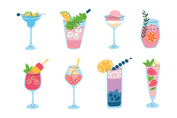 Vector illustration set, a collection of colorful summer drinks, ice cream cocktails and popsicle mocktails. Flat, cartoon-style design with refreshing beverages in glassware with vibrant garnishes