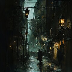 A moody, rain-soaked alleyway illuminated by vintage street lamps, creating a mysterious and atmospheric urban scene at night.