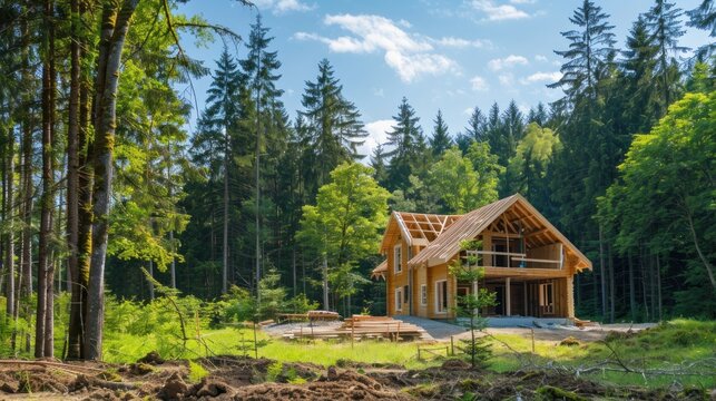 A serene scene of a partially constructed wooden cabin in a forest, with natural materials and a clear blue sky overhead.