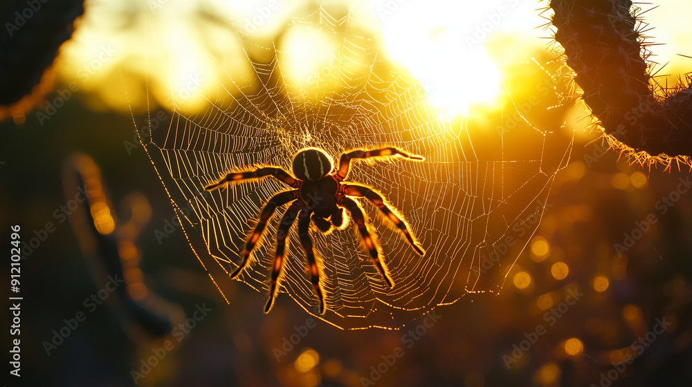 Wall mural Tarantula building a silk web between desert cacti, sunset time