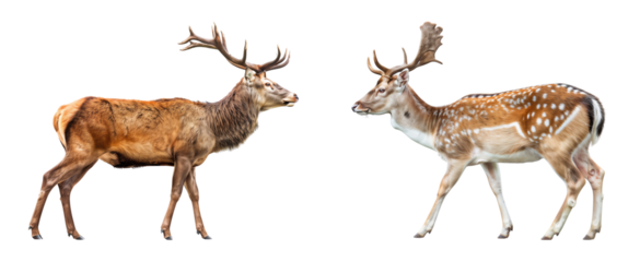 Portrait of a red deer and European fallow deer facing each other, isolated on transparent background
