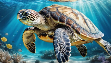 Fototapeta premium A turtle swimming gracefully underwater. The turtle is surrounded by numerous air bubbles, creating a serene and peaceful atmosphere. The water is clear and blue.