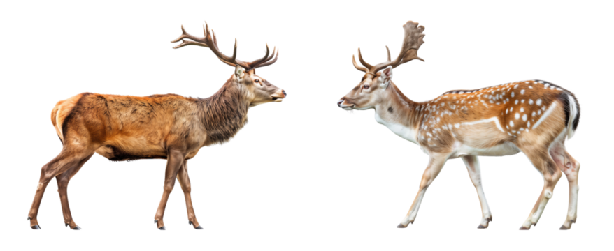 Portrait of a red deer and European fallow deer facing each other, isolated on transparent background
