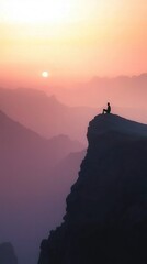serene moment sunrise lone figure atop mountain, surrounded misty peaks vibrant colors, evoking peace solitude.