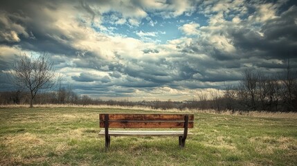 A serene view of a wooden bench in an open field under a dramatic cloudy sky, perfect for contemplation and relaxation.