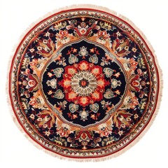 Naklejka premium Intricate, colorful circular rug with floral and geometric patterns on a dark blue background.