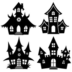 scary Halloween house black silhouette Set  art vector illustration