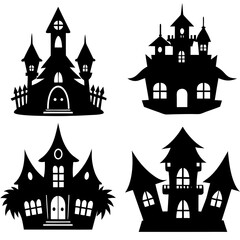 scary Halloween house black silhouette Set  art vector illustration