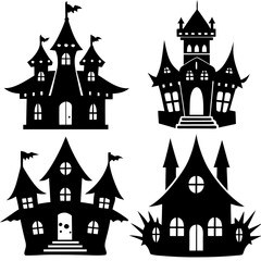 scary Halloween house black silhouette Set  art vector illustration