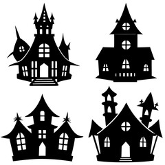 scary Halloween house black silhouette Set  art vector illustration