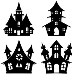 scary Halloween house black silhouette Set  art vector illustration