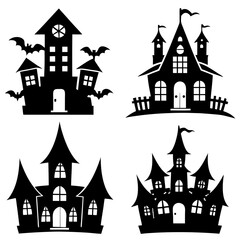 scary Halloween house black silhouette Set  art vector illustration