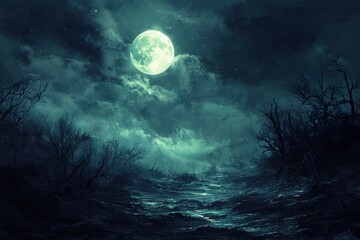 Eerie landscape with a glowing moon casting light through dark clouds over a misty terrain, creating a mystical atmosphere.