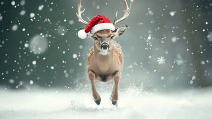 Enchanting Christmas Deer in Santa Hat Leaping Through Snowy Forest - Holiday Fantasy with Shimmering Colors and Graceful Pose, Generative AI