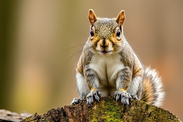 Obraz premium Close-up of a squirrel sitting on a log with a woodland background