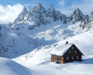 A cozy wooden cabin nestled in a snowy mountain landscape, surrounded by majestic peaks and serene winter scenery.
