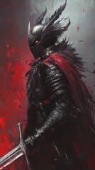 Naklejka premium A dark warrior clad in armor with a striking red cloak, poised for battle in a dramatic, ominous setting.