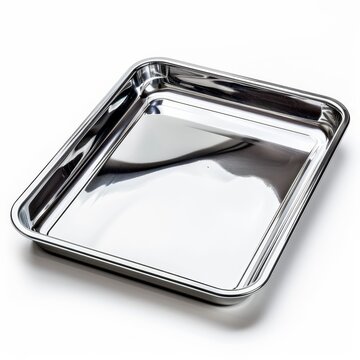 Shiny, new stainless steel baking sheet isolated on white background. Perfect for baking, roasting, or serving.