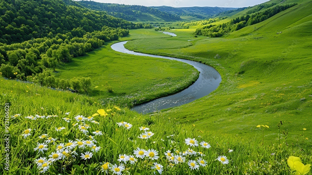 Wall mural Serene River Valley with Wildflowers.