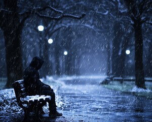 Obraz premium A solitary figure sits on a bench in a snowy park, surrounded by dim streetlights and falling snow, creating a moody atmosphere.